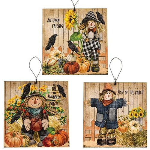 Scarecrow & Friends Square Ornament 3 Asstd.