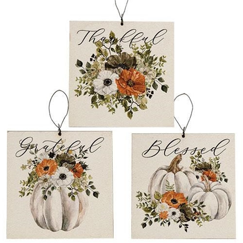 Grateful Thankful Blessed Pumpkin Square Ornament 3 Asstd.