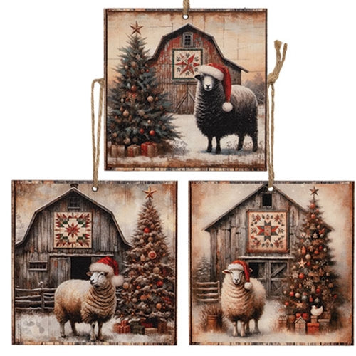 Christmas Tree Barn & Sheep Ornament - 4" - 3 Asstd.