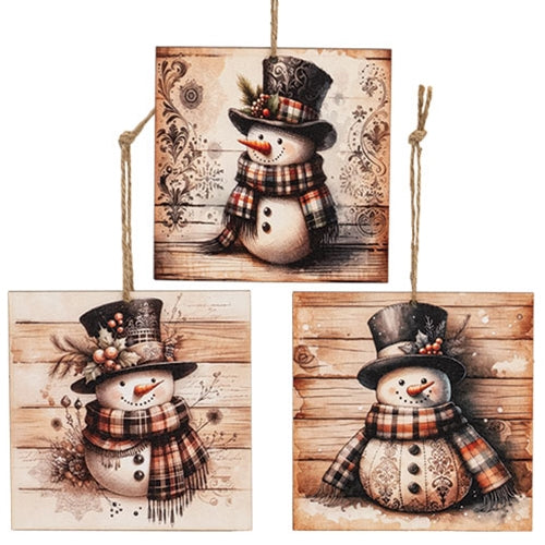 Vintage Pattern Snowman Ornament - 4" Sq. - 3 Asstd.