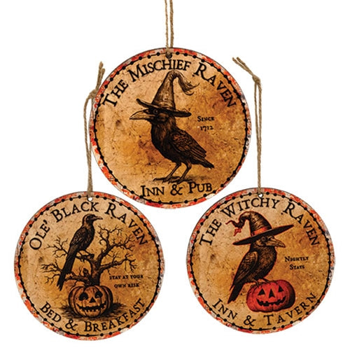 Witchy Raven Inn Ornament - 4" Dia. - 3 Asstd.