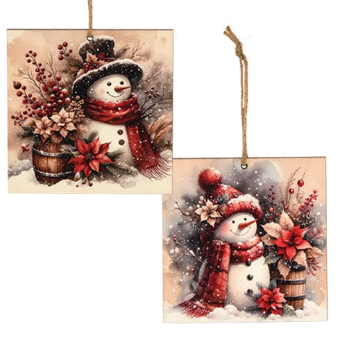 Snowy Woodland Snowman Ornament - 4" Sq. - 2 Asstd.