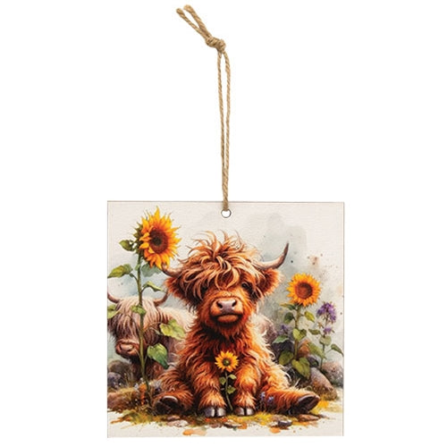 Sitting Highland Babies With Sunflowers Ornament - 4" Sq.