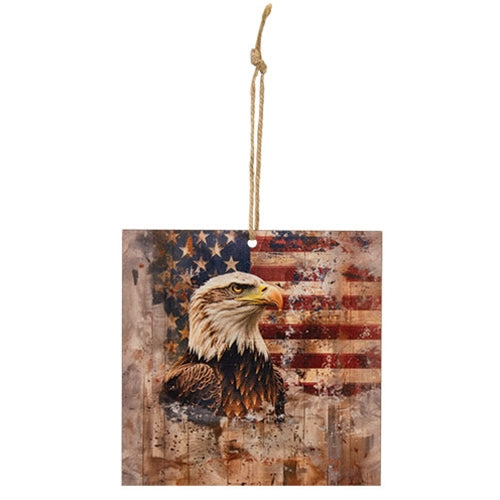 Distressed Bald Eagle & Flag Portrait Ornament - 4" Sq.