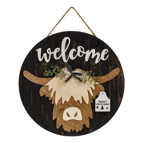 Welcome Highland Cow Sign w/12 Seasonal Ear Tags - Black Background