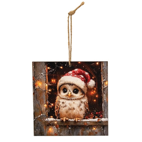 Baby Santa Barn Owl Ornament - 4" Sq.
