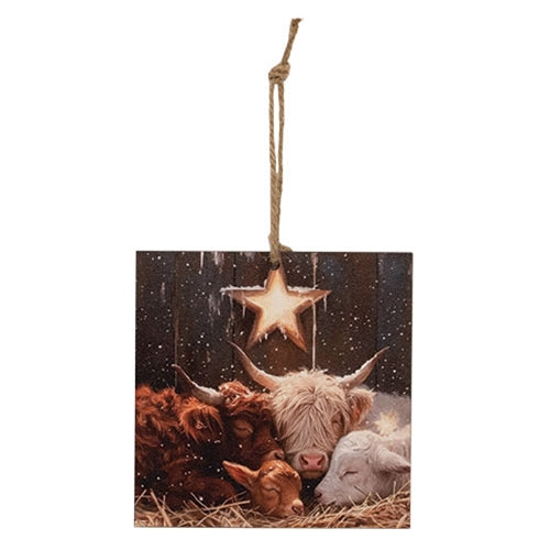 Silent Night Cow Family Ornament - 4" Sq.