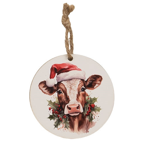 Santa Cow w/Holly & Berries Ornament - 5" Dia