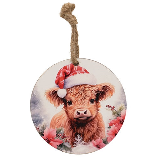 Santa Highland w/Poinsettias Ornament - 5" Dia.
