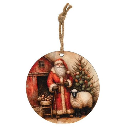 Father Christmas & Sheep on the Farm Ornament - 5" Dia.