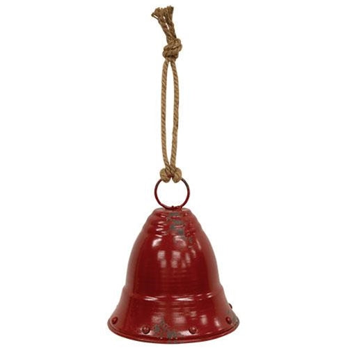 Distressed Red Metal Bell w/Jute Hanger Small