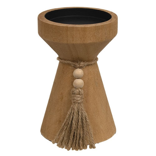 Natural Wooden Beaded Pillar Holder 5.5"H