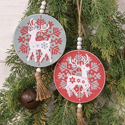Yuletide Folklore Round Wooden Reindeer Ornament - 2 Asstd.