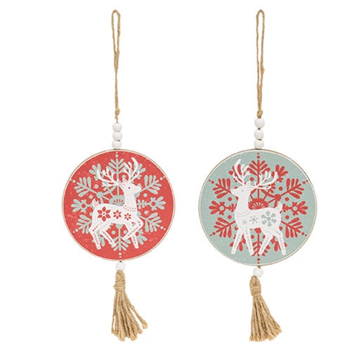 Yuletide Folklore Round Wooden Reindeer Ornament - 2 Asstd.