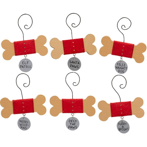 Wooden Dog Bone w/Tag Ornament - 6 Asstd.