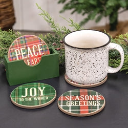 5/Set - Wooden Plaid Christmas Coasters w/Holder