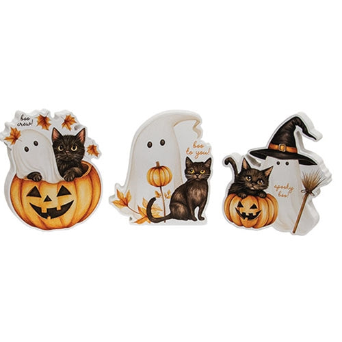 Spooky Boo Wooden Cat Sitter - 3 Asstd.