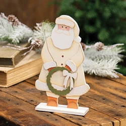Glittered Ivory Wooden Santa With Wreath on Base