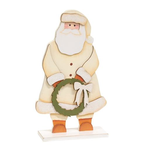 Glittered Ivory Wooden Santa With Wreath on Base