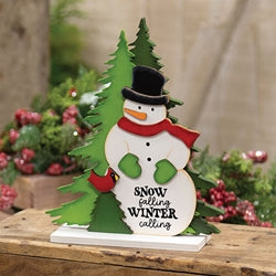 Snow Falling Winter Calling Wooden Snowman on Base
