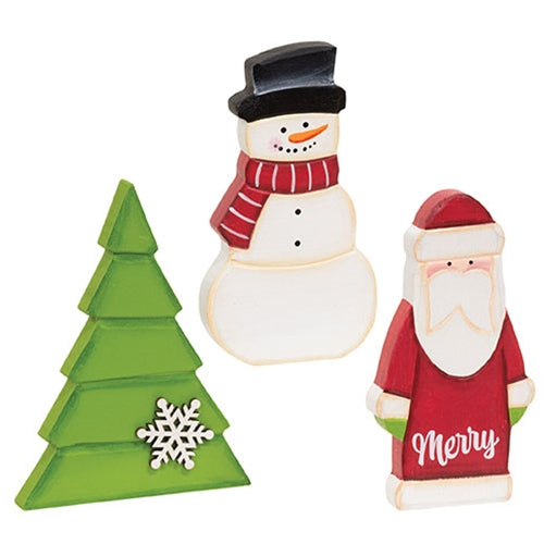 3/Set - Hand Carved Wooden Merry Santa Snowman & Tree Sitters