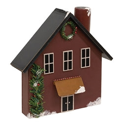 Wooden Snowy Red Christmas House - 10.5"H