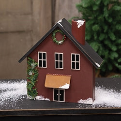 Wooden Snowy Red Christmas House - 10.5"H