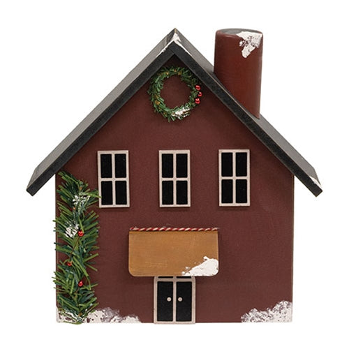 Wooden Snowy Red Christmas House - 10.5"H