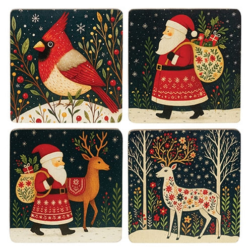 5/Set - Nordic Winter Wooden Coasters & Holder