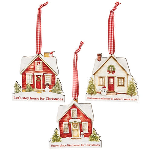 Let's Stay Home Snowy House Wooden Ornament - 3 Asstd.