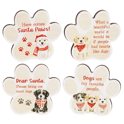 Santa Paws Wooden Pawprint Magnet - 4 Asstd.