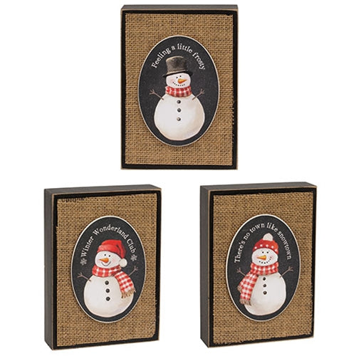 Layered Winter's Night Snowman Burlap Box Sign - 3 Asstd.