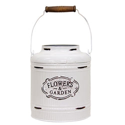 Distressed White Metal Ribbed Flower Garden Bucket w/Handle