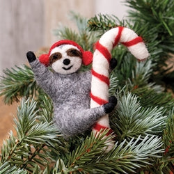 Sloth with Candy Cane Felted Ornament
