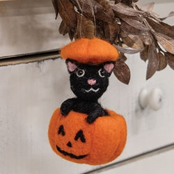 Black Cat in Pumpkin Felted Ornament