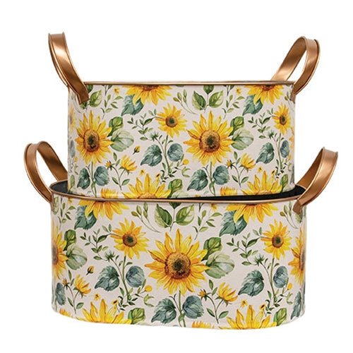 2/Set - Oval Metal Sunflowers Buckets With Handles