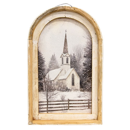 Snowy Church Distressed Arch Frame