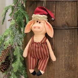 Stuffed Santa Pig In Ticking Stripe Overalls Hanger