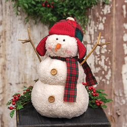 Stuffed Sherpa Snowman w/Red & Green Plaid Hunting Hat & Scarf