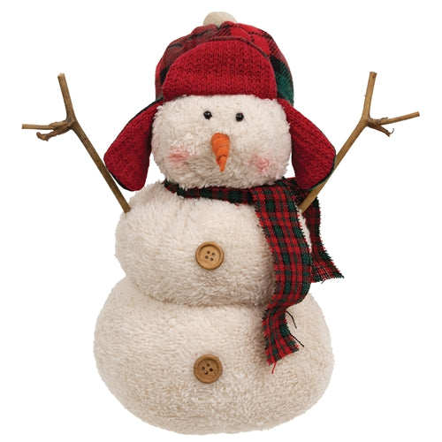 Stuffed Sherpa Snowman w/Red & Green Plaid Hunting Hat & Scarf