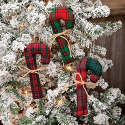 Stuffed Red & Green Plaid Candy Cane - 6.5"H - 3 Asstd.