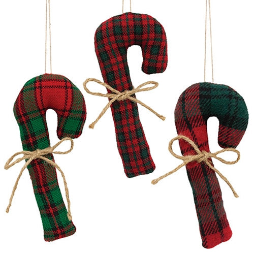 Stuffed Red & Green Plaid Candy Cane - 6.5"H - 3 Asstd.