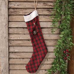 Red & Green Plaid Stocking w/Jingle Bell - 14"