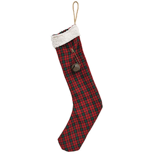 Red & Green Plaid Stocking w/Jingle Bell - 14"