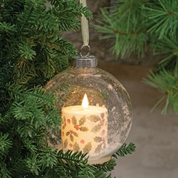 Ball Ornament w/Sparkling Holly & Berries LED Candle