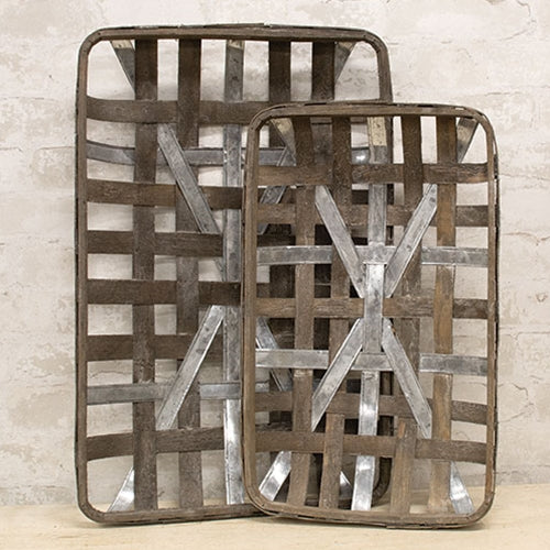 2/Set Gray Wash Rectangle Tobacco Baskets w/Metal Strips