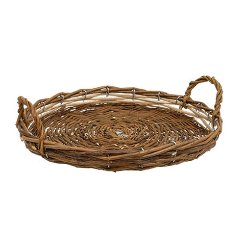 Round Brown Willow Tray Basket w/Handles - 12" Dia