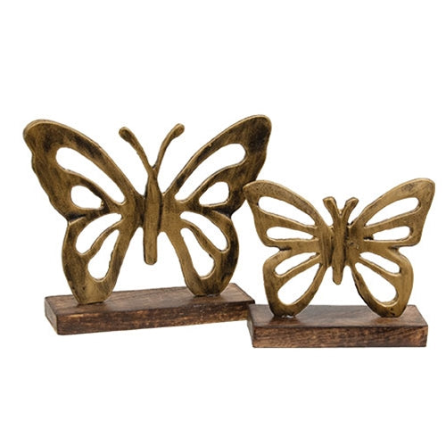 2/Set - Antiqued Metal Butterflies On Dark Wooden Stands
