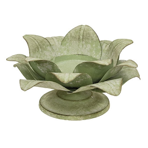 Distressed Green Metal Lotus Pillar Holder