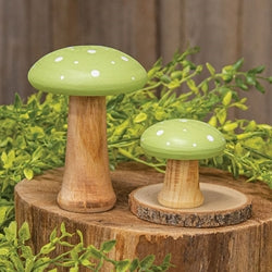 2/Set White Dotted Green Wooden Mushrooms